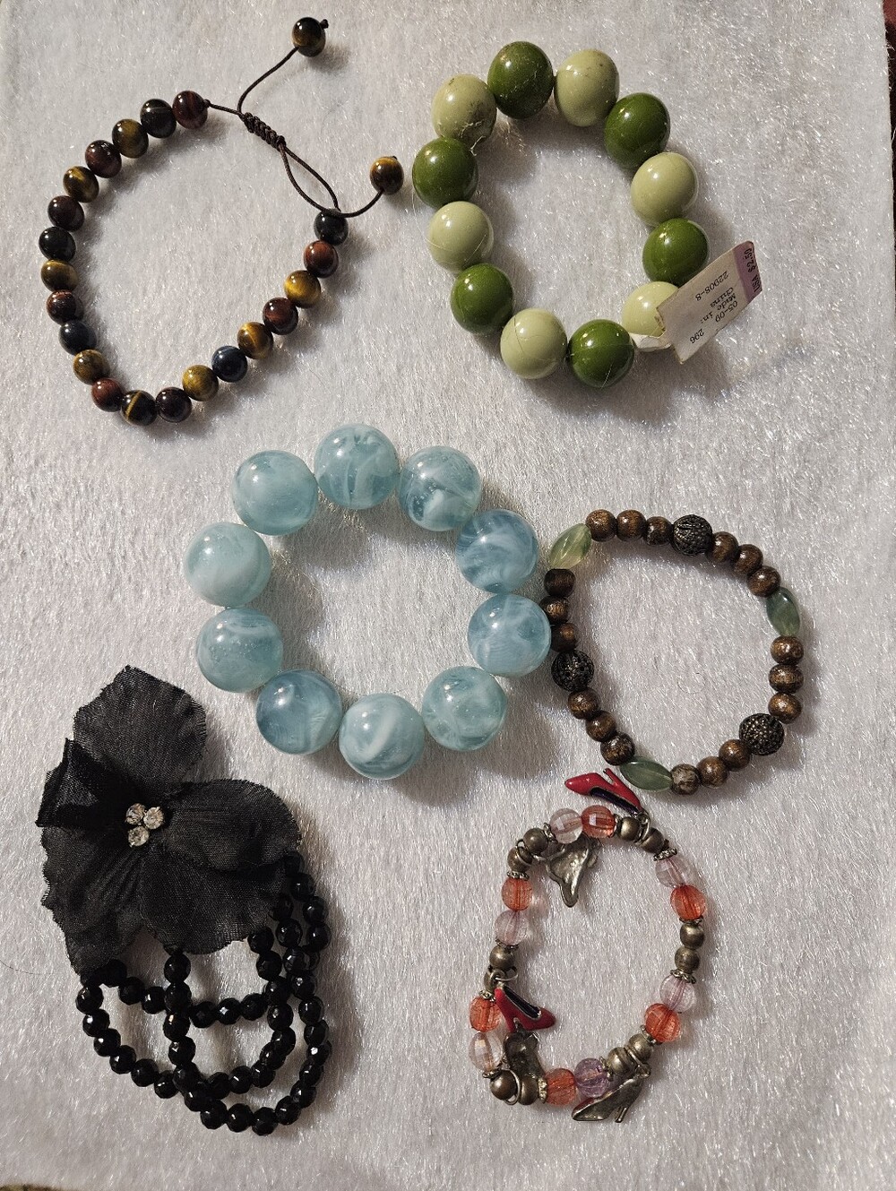Set of Women's Assorted Beaded Bracelets - Green, Blue, Brown, Black